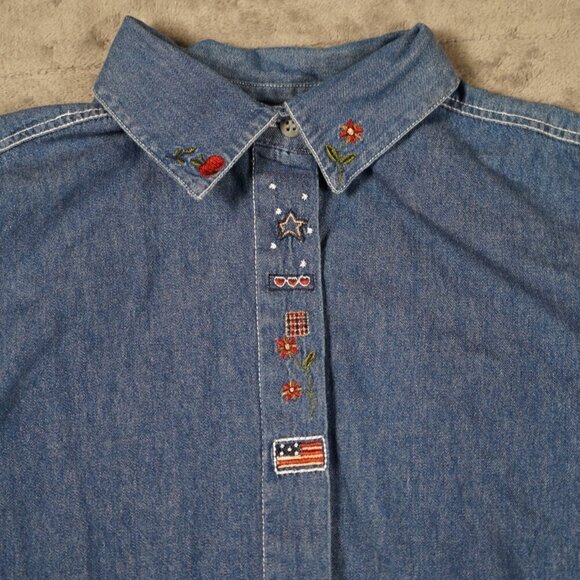 Vintage 90s Capacity Patriotic American Embroidered Patch Denim Shirt M Teacher - Picture 1 of 8